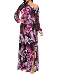 NWT XSCAPE Black Floral Sheer Long Sleeve Ruffle Detail Slit Dress Gown Size 8